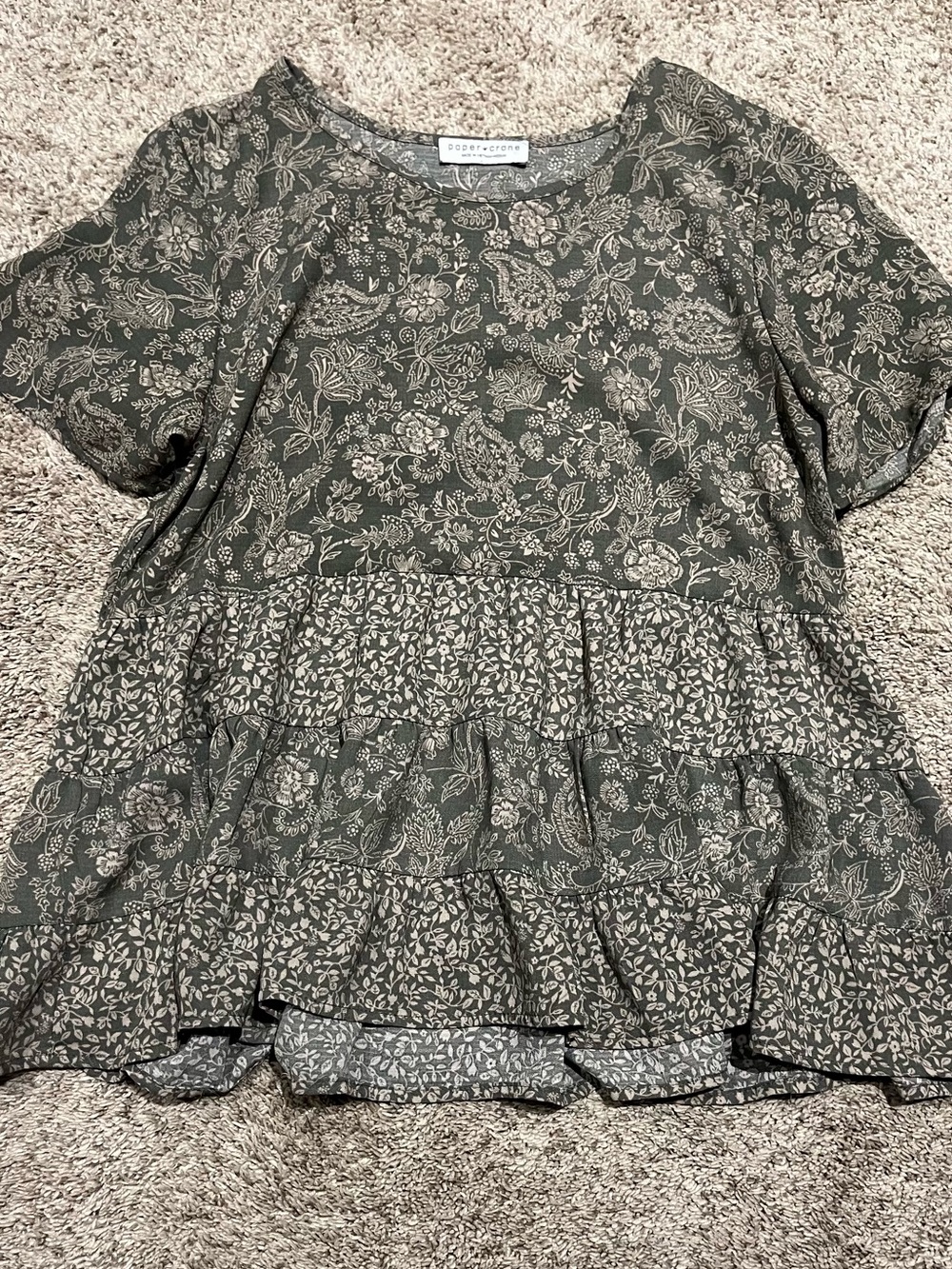 Paper Crane Olive Green Floral Tiered Short Sleeve Tunic